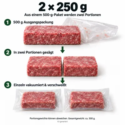 Preview: Portionierung 2 × ca. 250 g: 500-g-Packung teilen, einzeln vakuumieren – KI-Schaubild