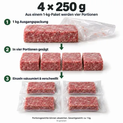 Preview: Portionierung 4 × 250 g: gesägt, einzeln vakuumiert und verschweißt – KI-Illustration