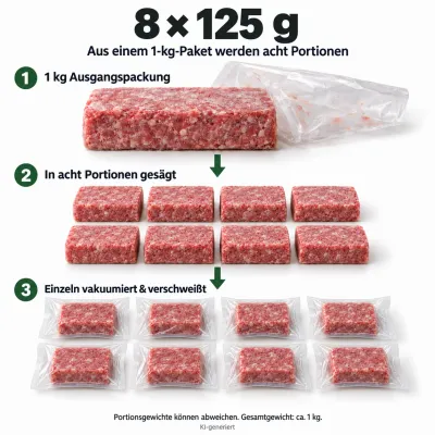 Preview: Portionierung 8 × 125 g: gesägt, einzeln vakuumiert und verschweißt – KI-Illustration