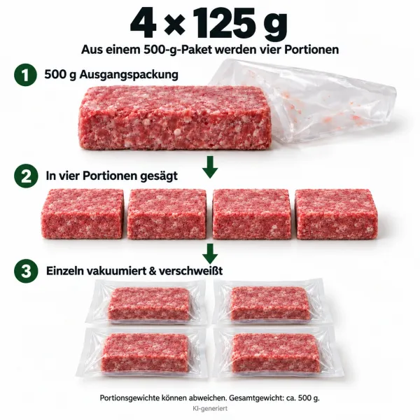 Portionierung 4 × 125 g: gesägt, einzeln vakuumiert und verschweißt – KI-Illustration