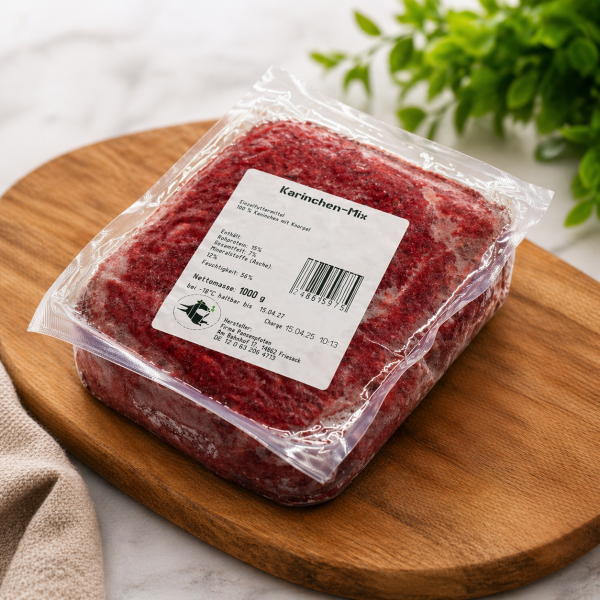 Natürlicher Kaninchen-Mix im Frischepack – saftiges BARF-Fleisch mit wertvollen Bestandteilen für eine gesunde Tierernährung.